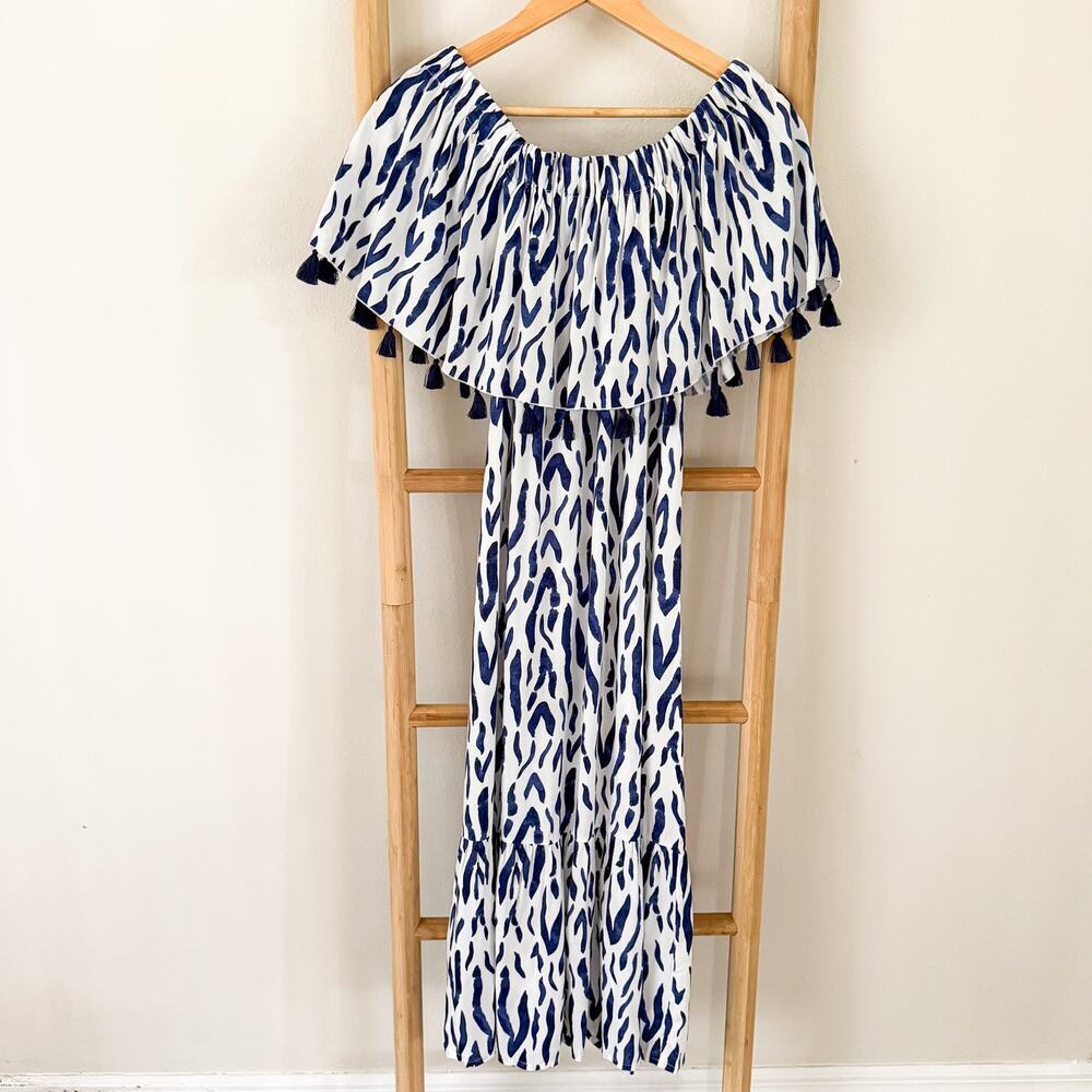 La Mer Luxe Blue White Zebra Print Tassel Off Shoulder Midi Dress Small